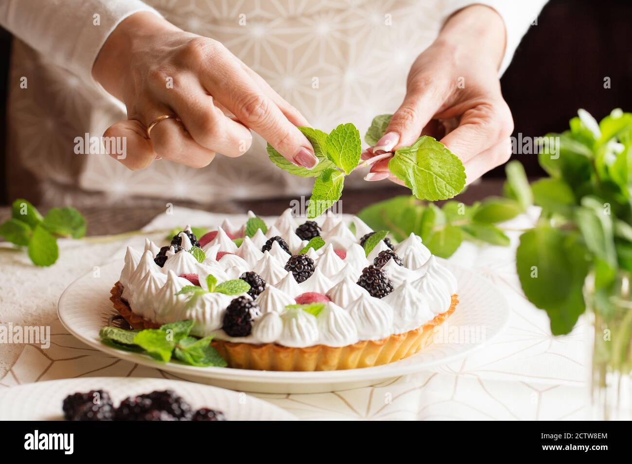 Beautiful freshly made berry meringue tart on plate. Stunning