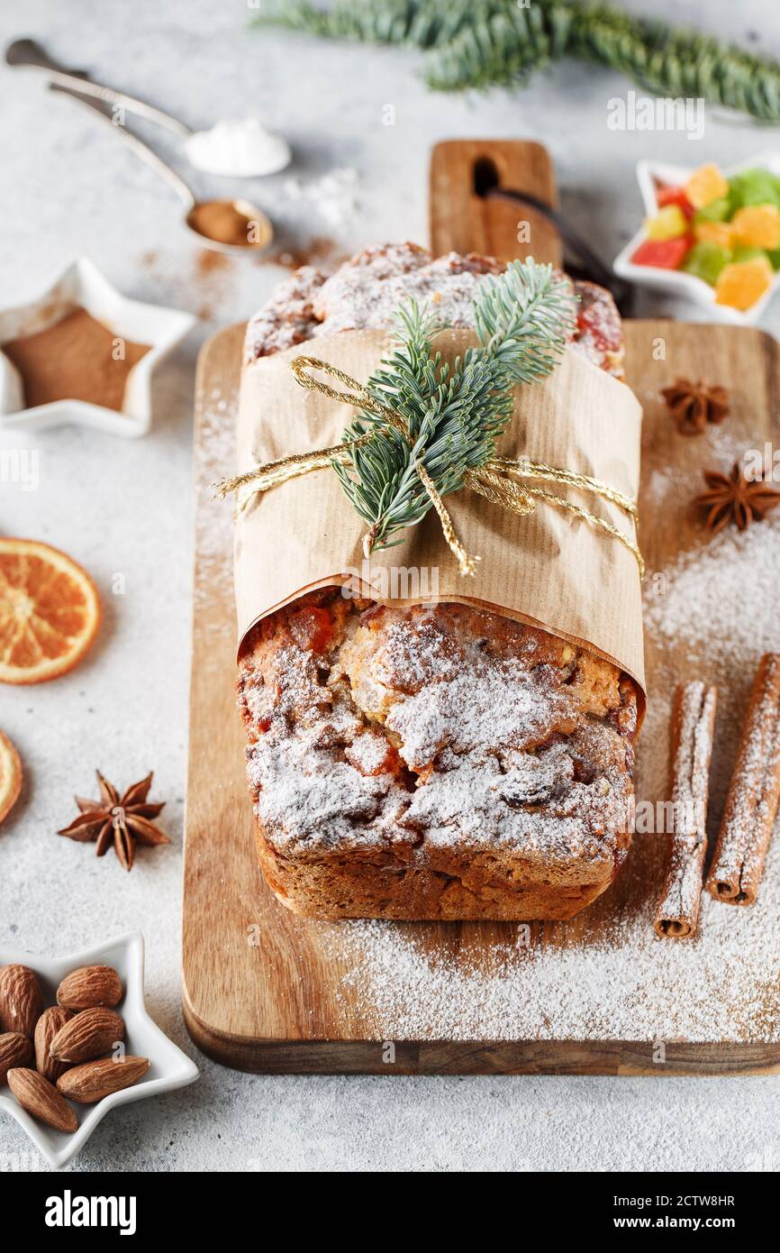 Stollen is fruit bread of nuts, spices, dried or candied fruit, coated with powdered sugar. It