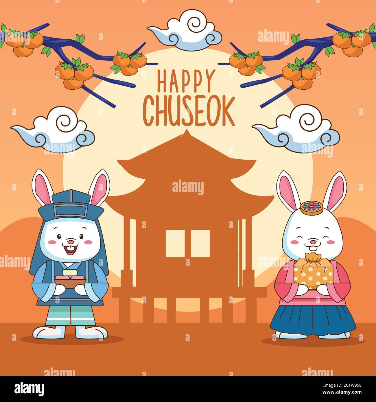 happy chuseok celebration with chinese building silhouette and rabbits couple vector illustration Stock Vector