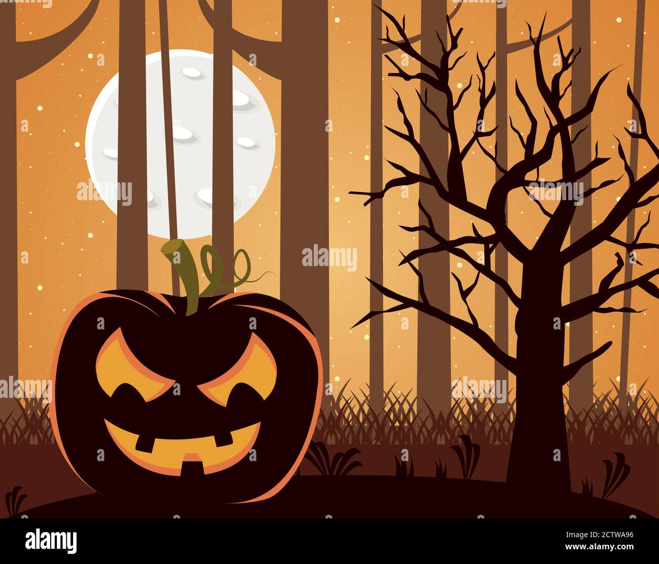 halloween pumpkin in the forest at night scene vector illustration ...