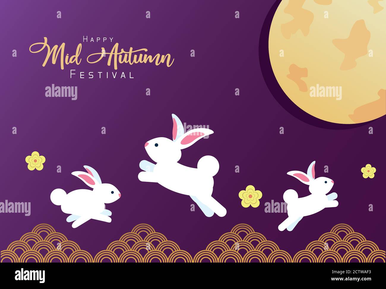 mid autumn celebration card with rabbits and moon vector illustration ...