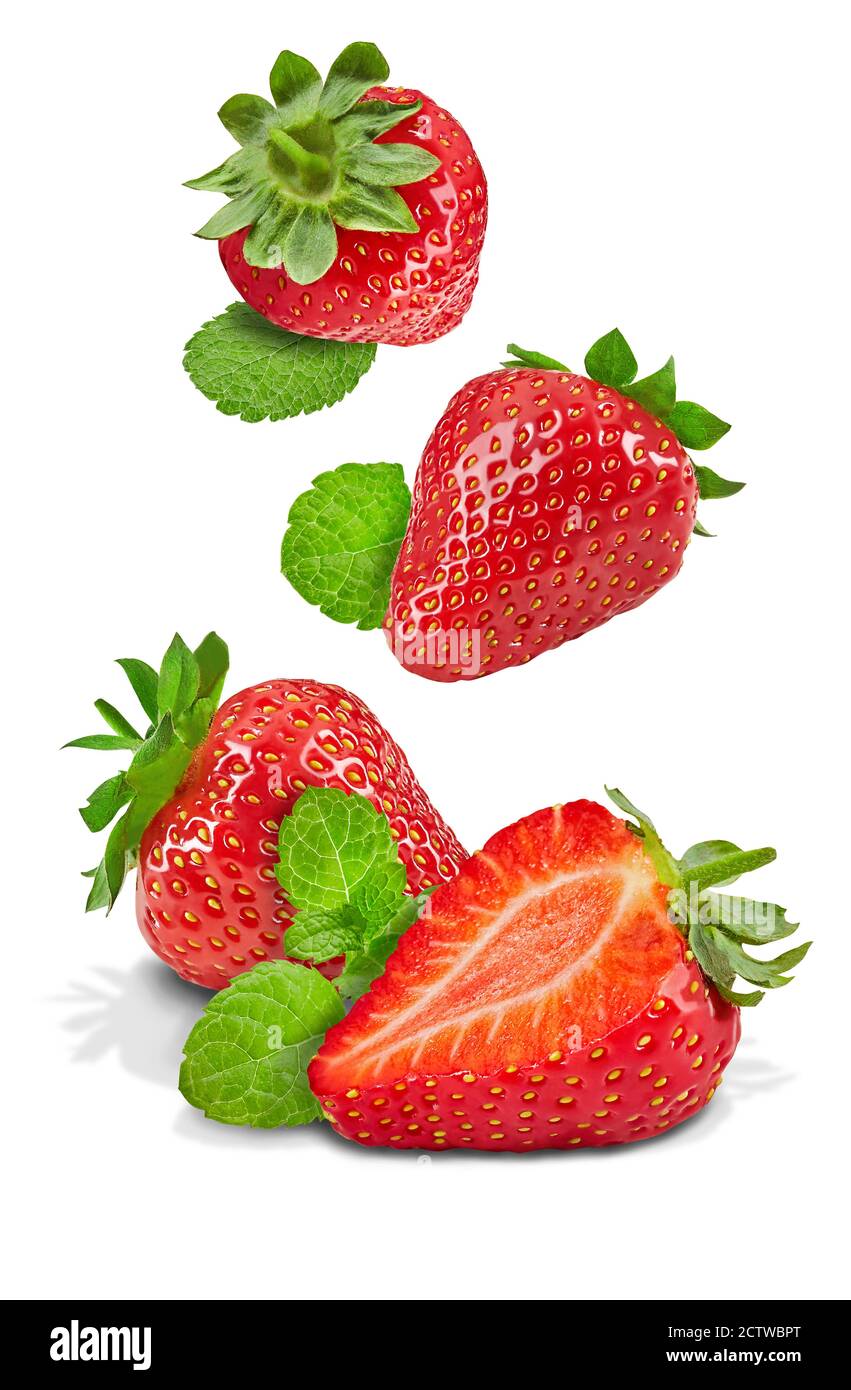 Set of juicy strawberries with mint leaves isolated on white background ...