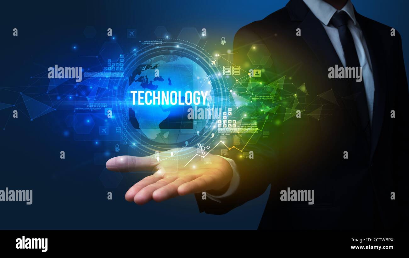 Inscription Technology Elegant hand holding TECHNOLOGY inscription, digital technology concept ...