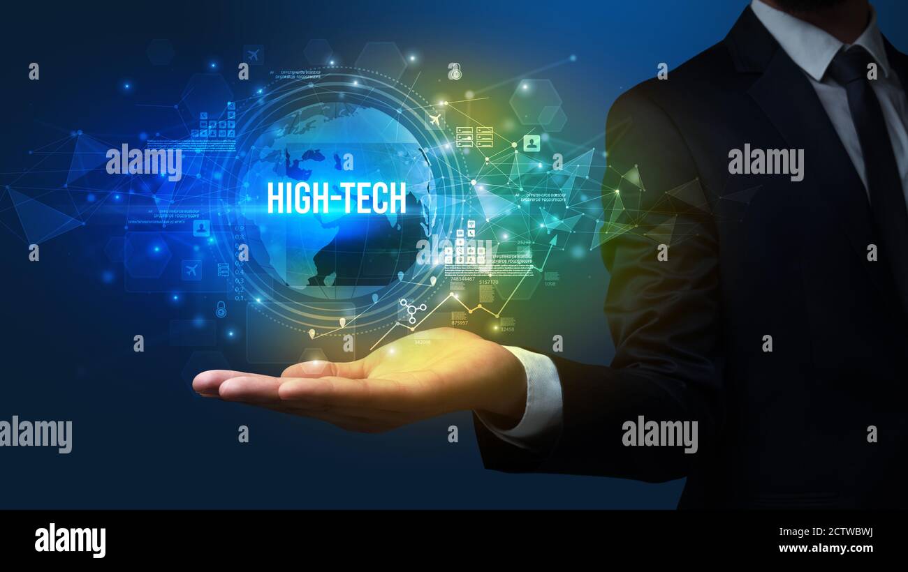 Elegant hand holding HIGH-TECH inscription, digital technology concept ...