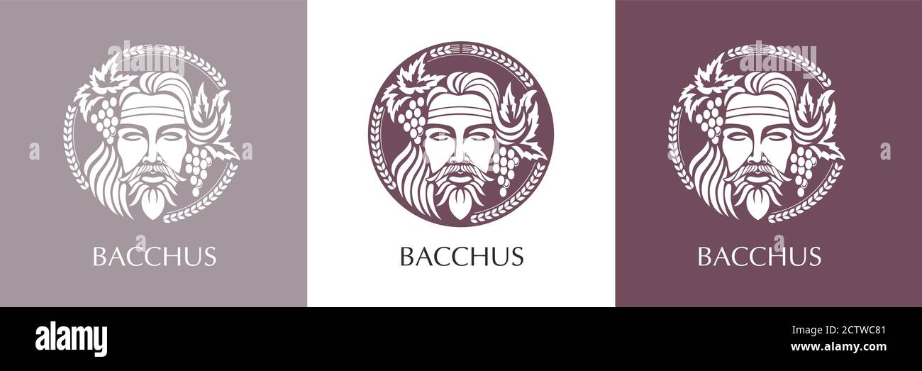 Man face logo with grape berries and leaves. Bacchus or Dionysus. A style for winemakers or brewers. Vector illustration Stock Vector