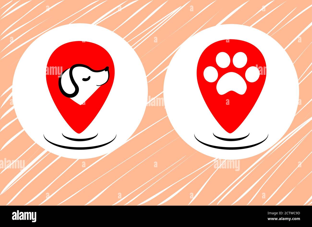 Flat pets gps logo design. Dog map marker vector. Animal walking takes care with location position. Navigation sign for pet web app. Cute happy puppy. Stock Vector