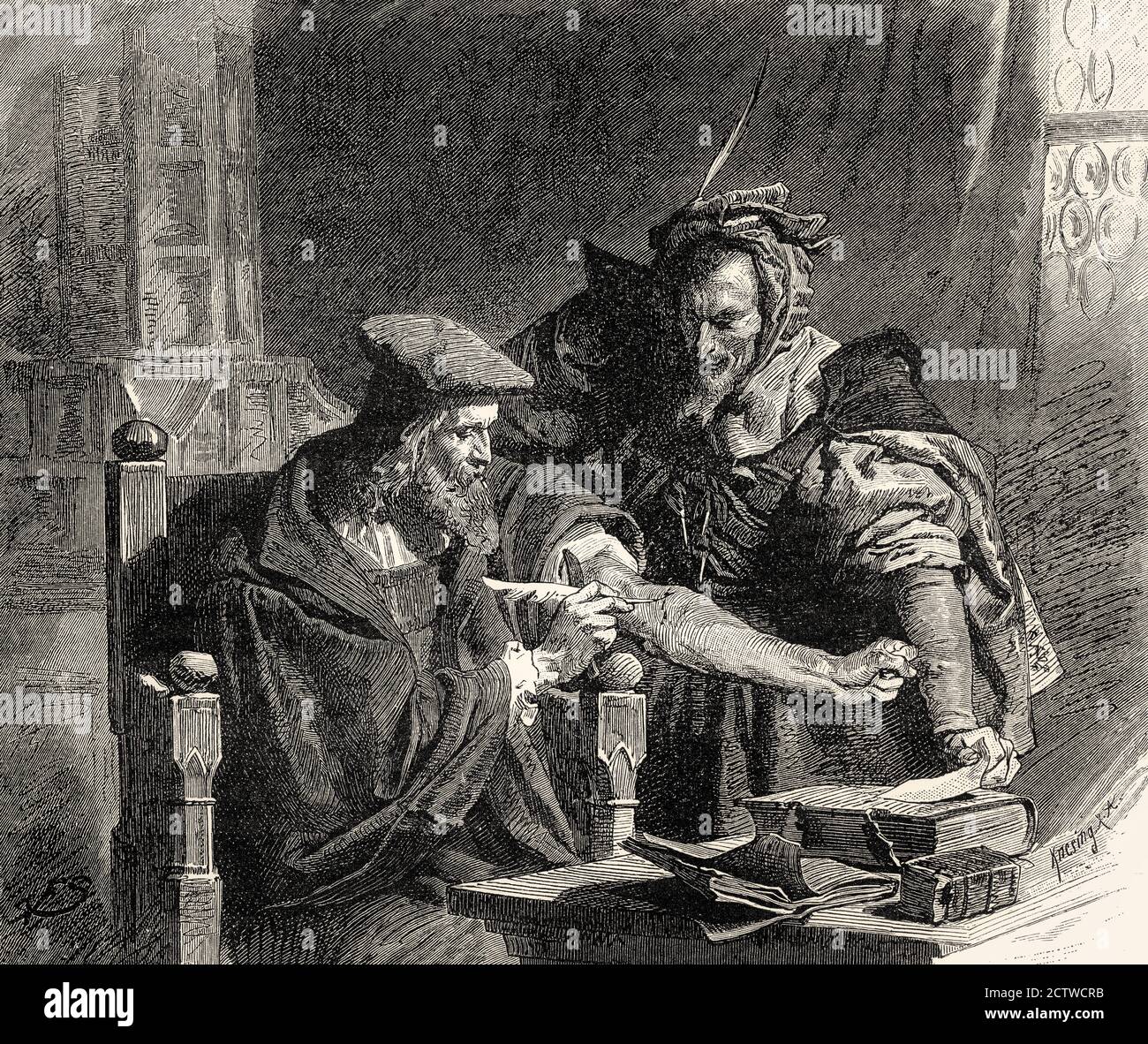 Faust signs the contract with his blood, first part of the tragic play Faust by Johann Wolfgang von Goethe Stock Photo