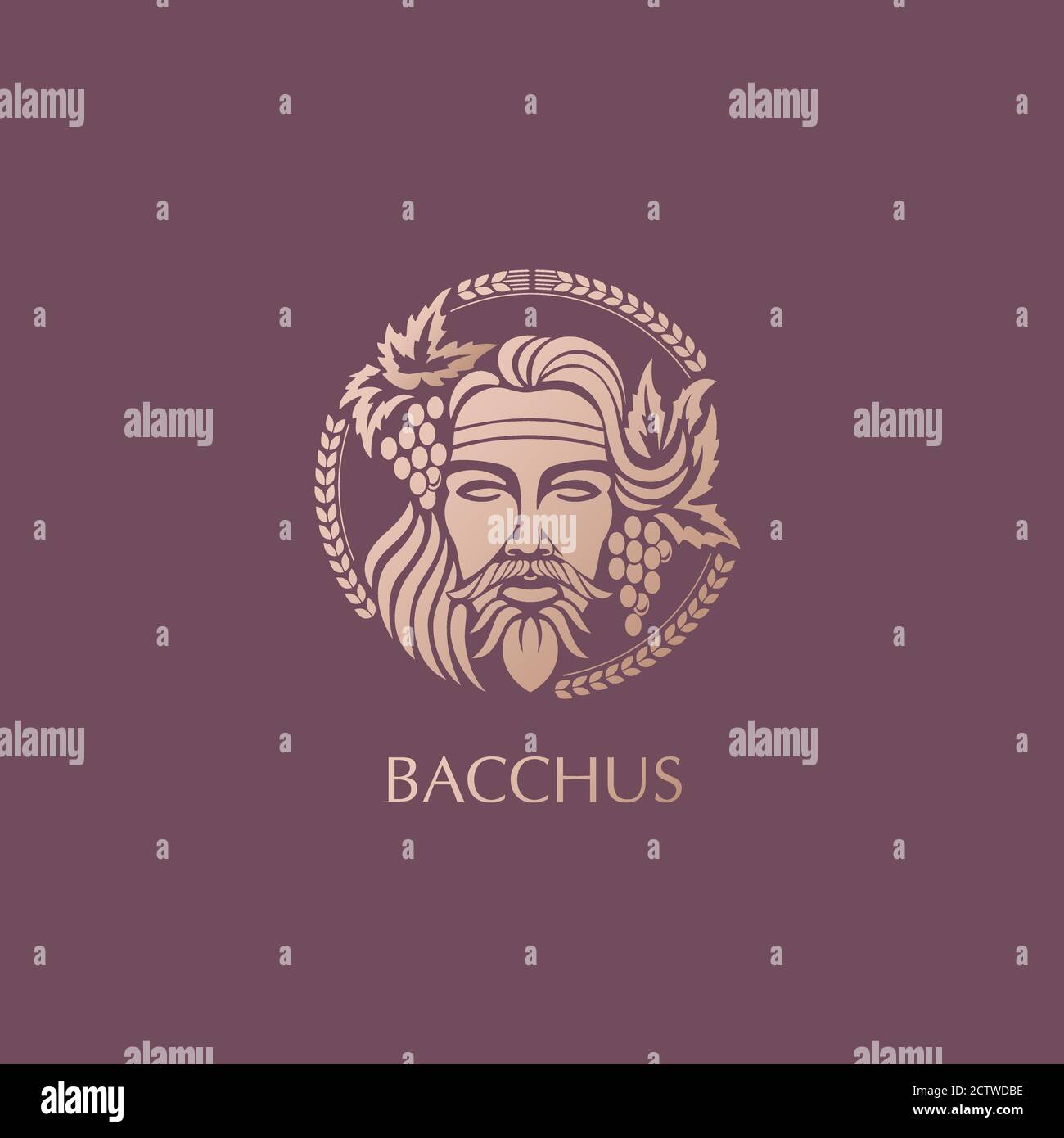 Man face logo with grape berries and leaves. Bacchus or Dionysus. A style for winemakers or brewers. Vector illustration Stock Vector