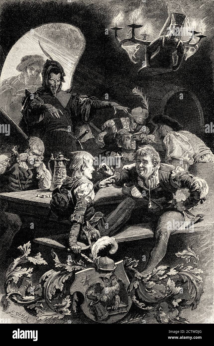 drunken students in Auerbach's Cellar in Leipzig, first part of the tragic play Faust by Johann Wolfgang von Goethe Stock Photo