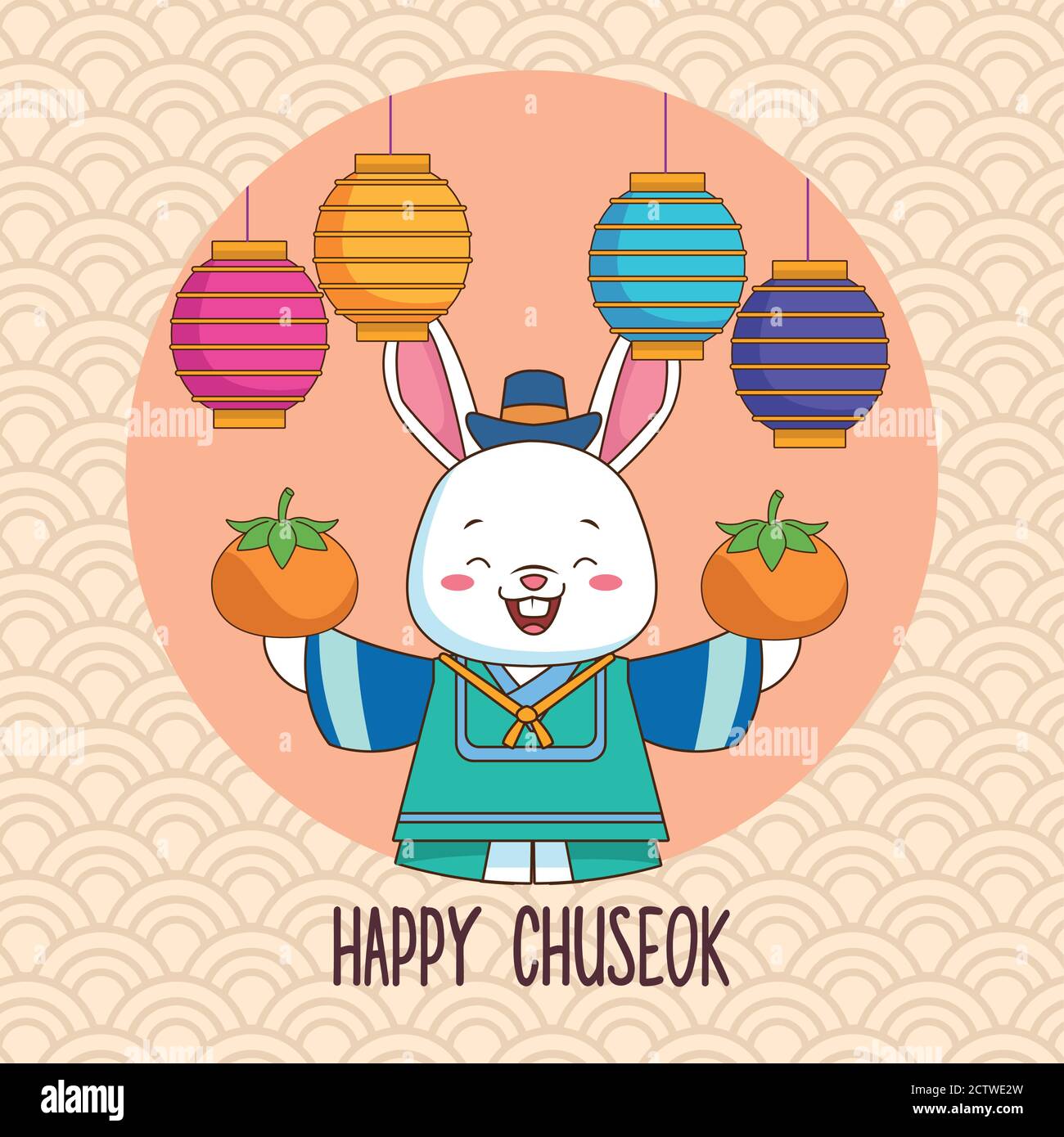 happy chuseok celebration with rabbit lifting oranges and lanterns ...