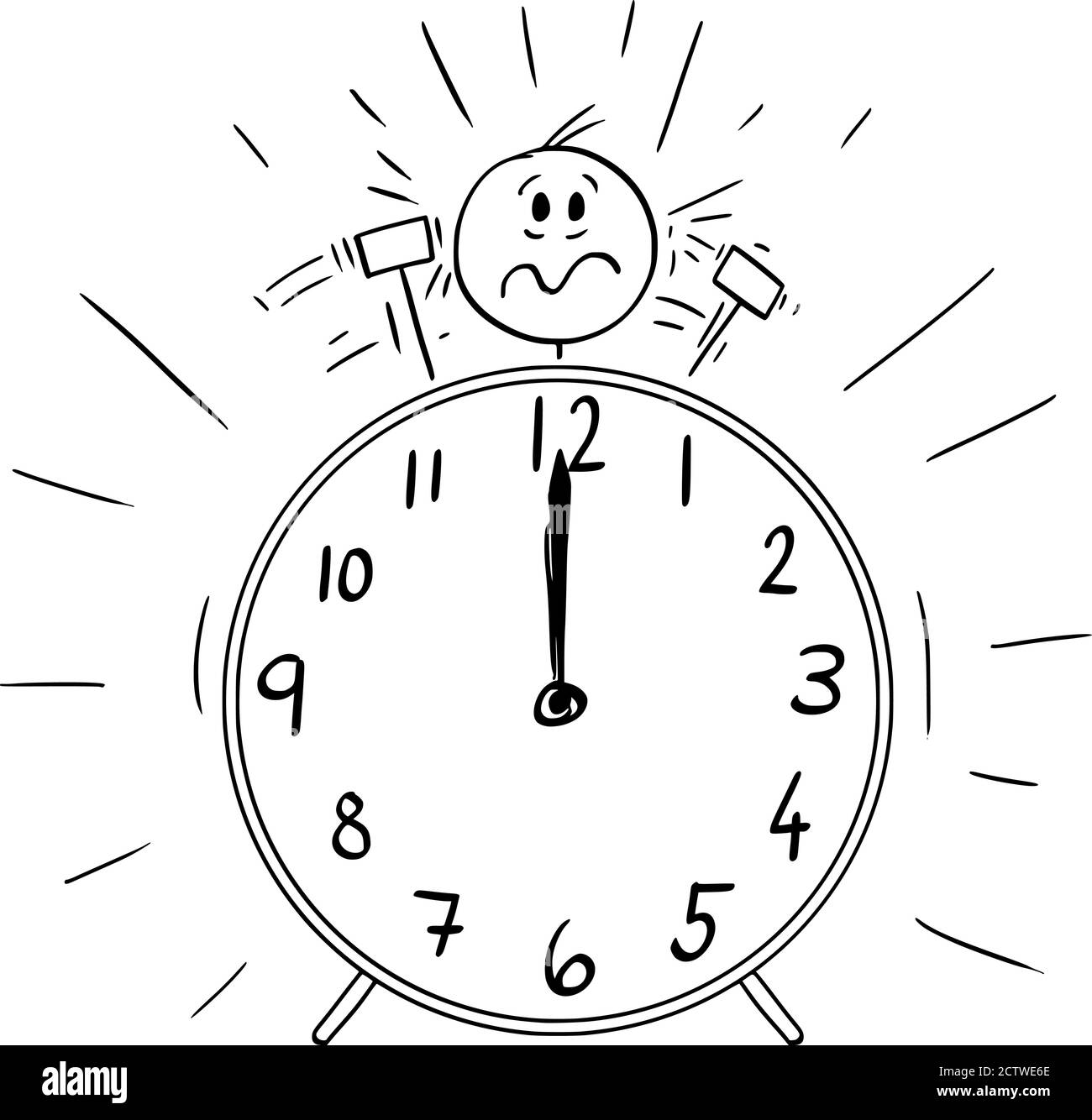 Vector cartoon stick figure drawing conceptual illustration of frustrated or stressed man or businessman. His head is as the bell of ringing alarm clock. Hammers are hitting or beating him. Wake up or deadline concept. Stock Vector