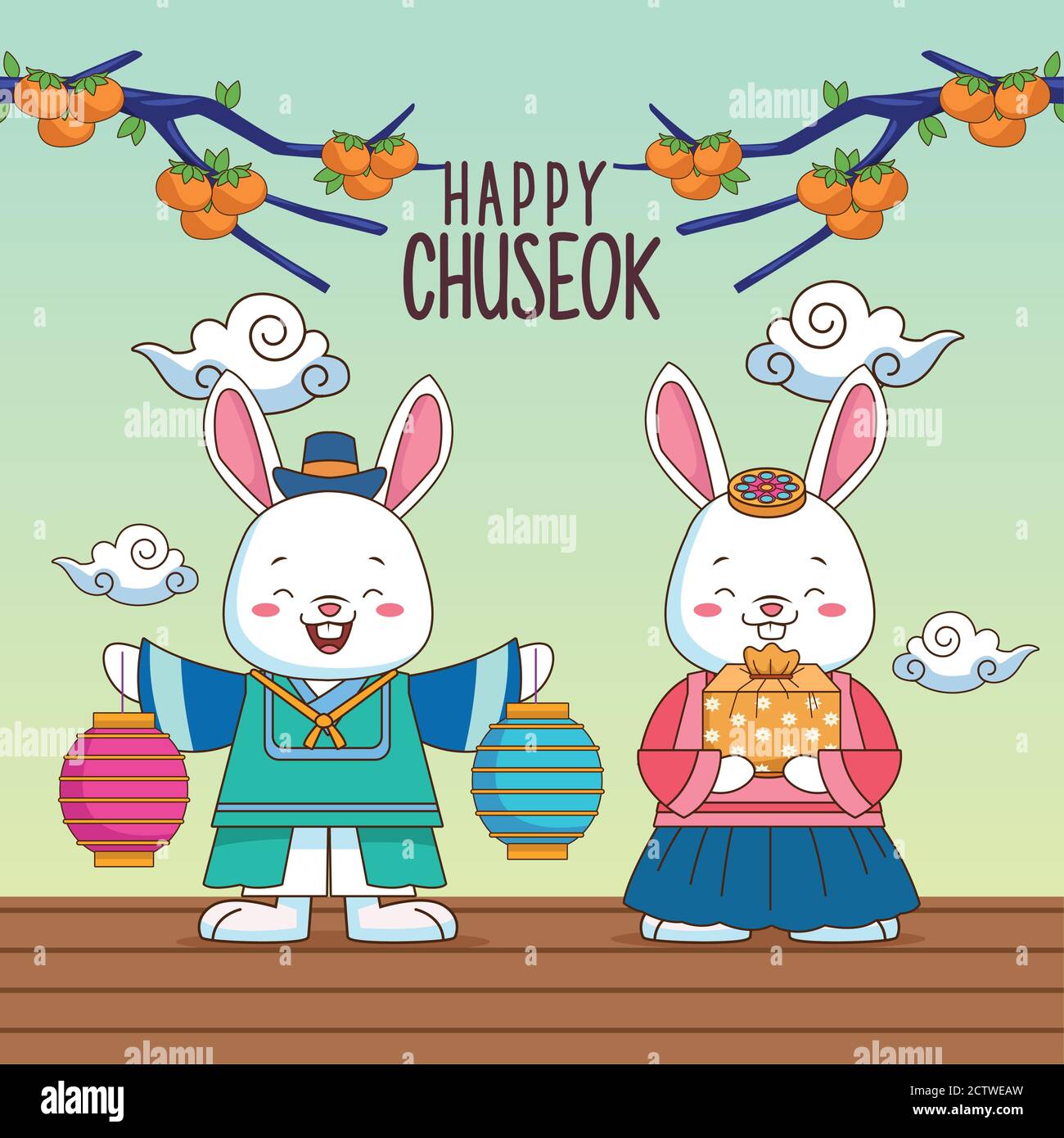 happy chuseok celebration with rabbits couple and tree branches vector illustration design Stock Vector