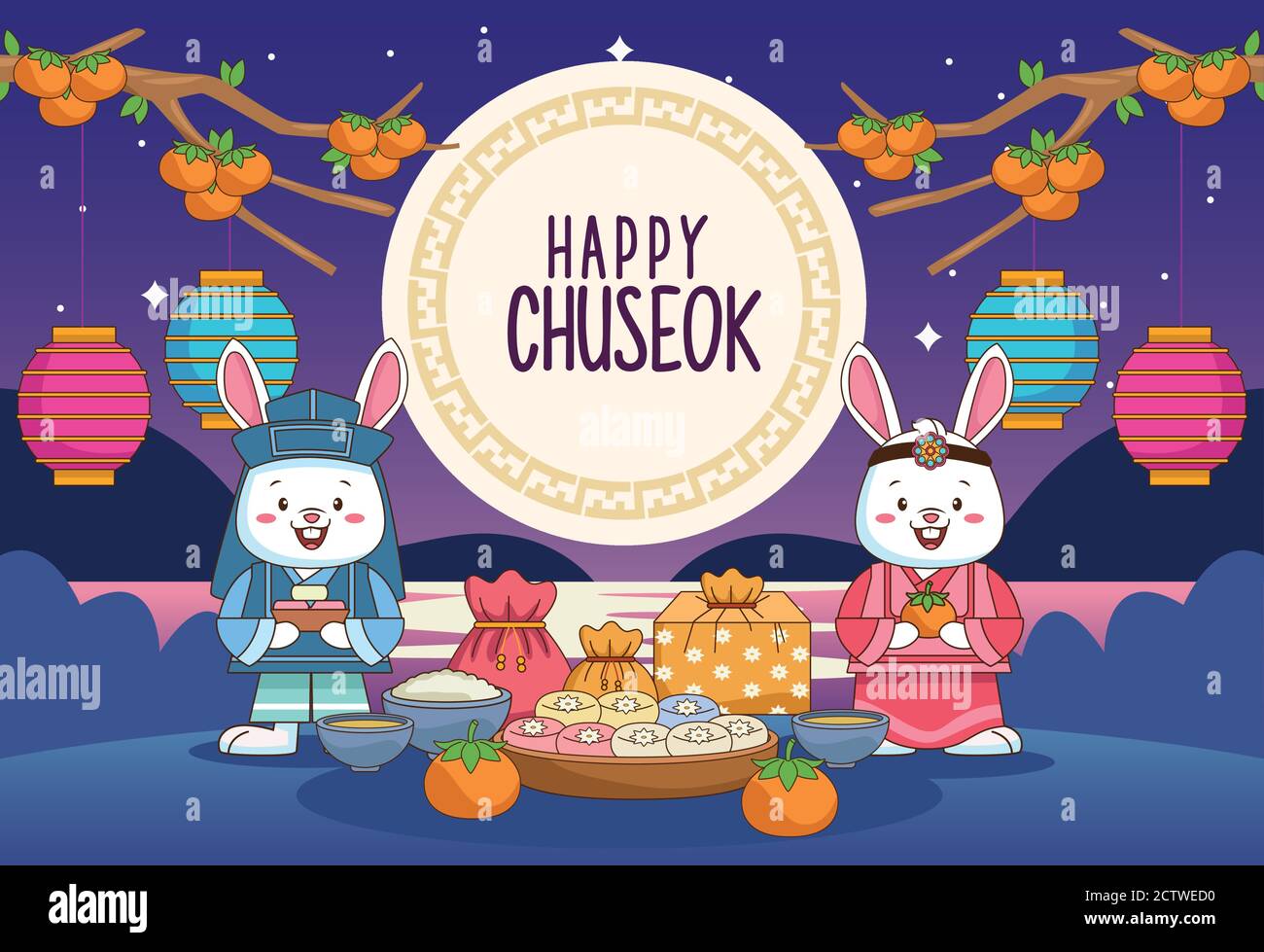 happy chuseok celebration with rabbits couple and food scene vector illustration design Stock Vector