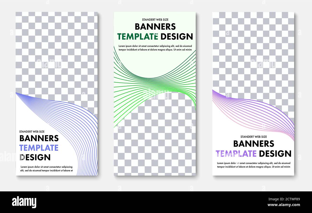 Design of vertical vector web banners with place for photo and abstract wave lines. The templates are standard size with blue, green and purple elemen Stock Vector