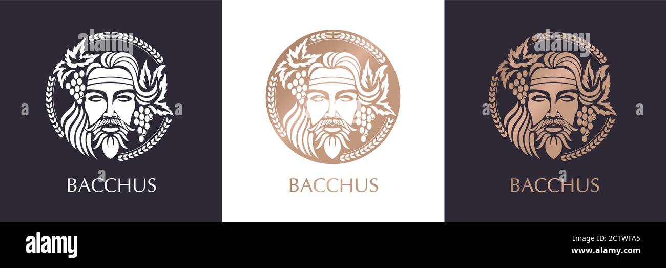 Man face logo with grape berries and leaves. Bacchus or Dionysus. A style for winemakers or brewers. Vector illustration Stock Vector