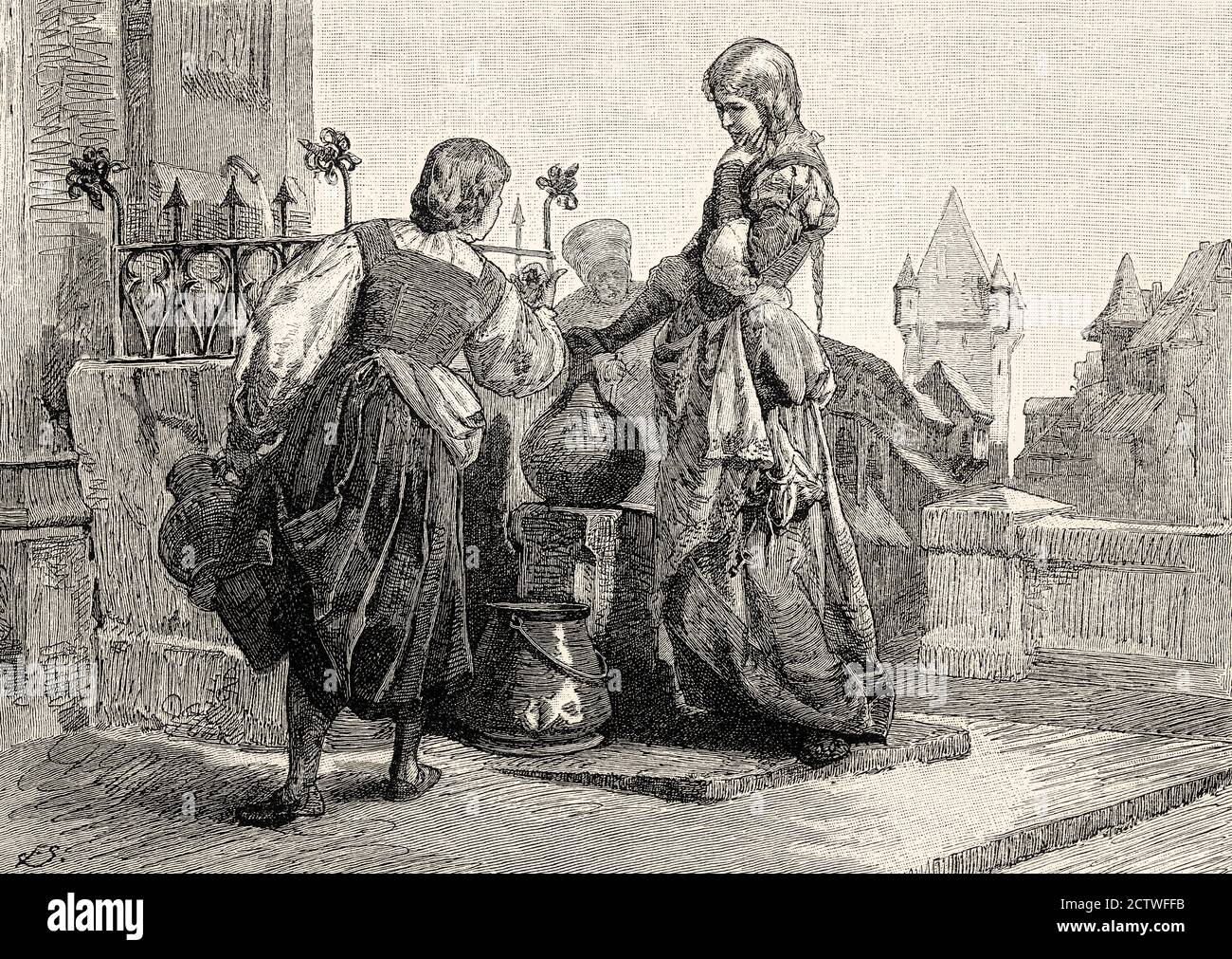 Margaret and Bessy at the Well, first part of the tragic play Faust by Johann Wolfgang von Goethe Stock Photo