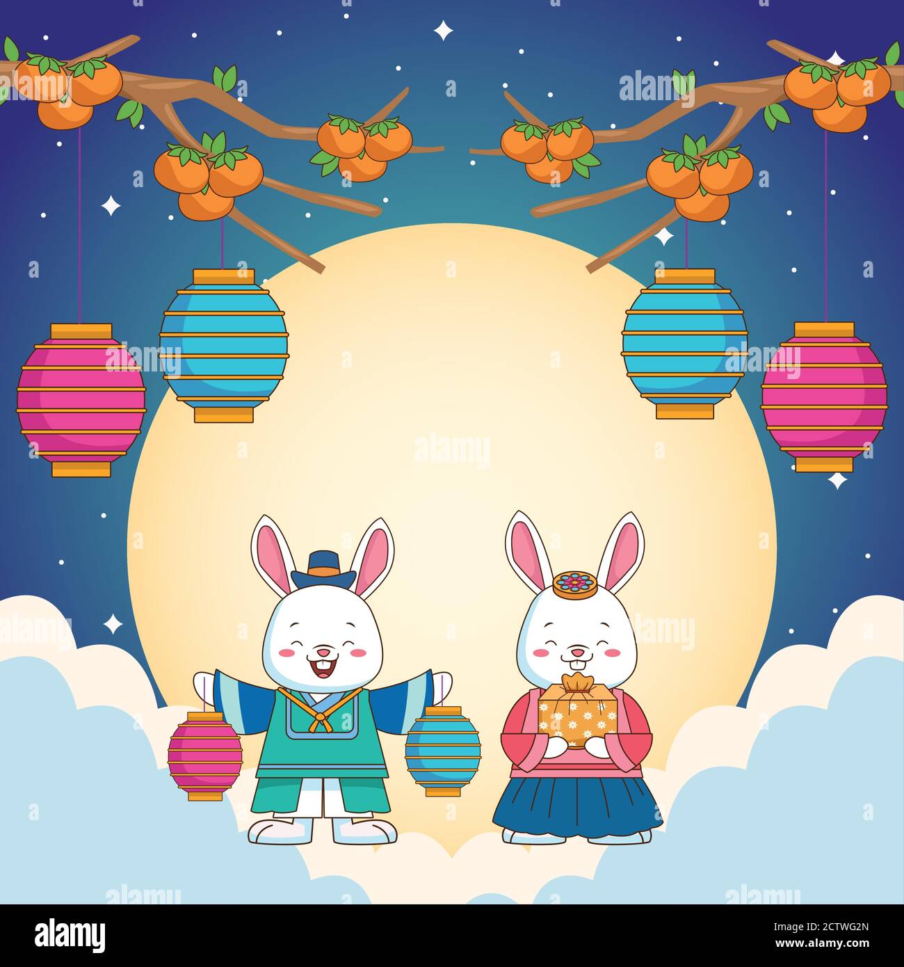 happy chuseok celebration with rabbits couple and lanterns hanging in clouds vector illustration design Stock Vector