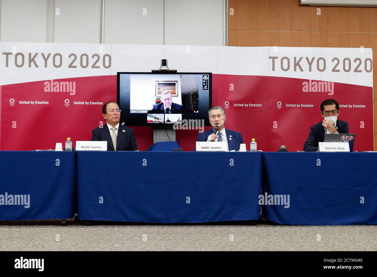 Tokyo, Japan. 25th Sep, 2020. (L to R) Toshiro Muto CEO of Tokyo 2020,  Yoshiro Mori President of Tokyo 2020 and Masa Takaya Spokesperson of Tokyo  2020, with Christophe Dubi IOC's Olympic
