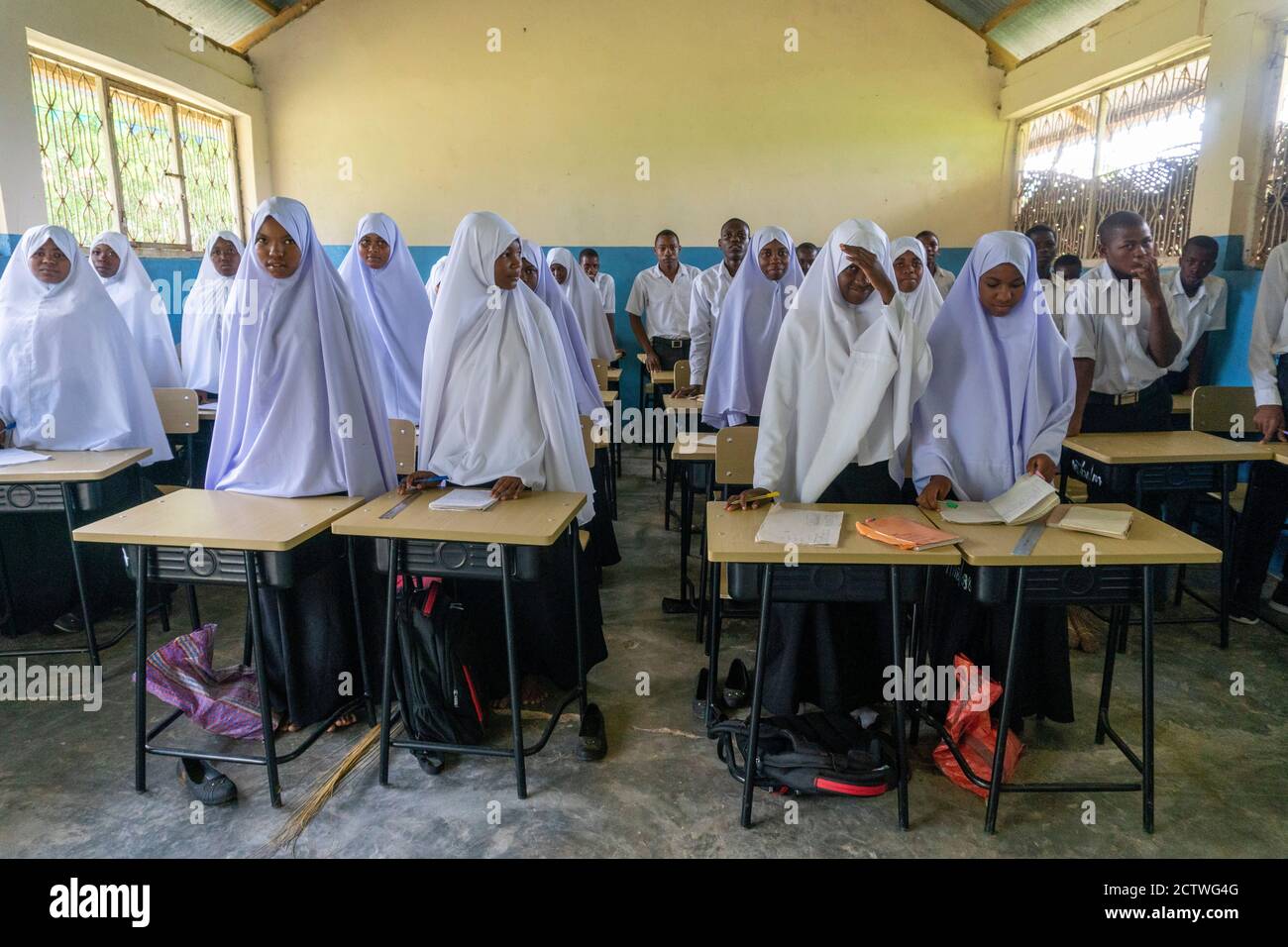 PEMBA ISLAND, ZANZIBAR, TANZANIA - JANUARY 2020: School girls and School Boys in the Ordinary class room Stock Photo