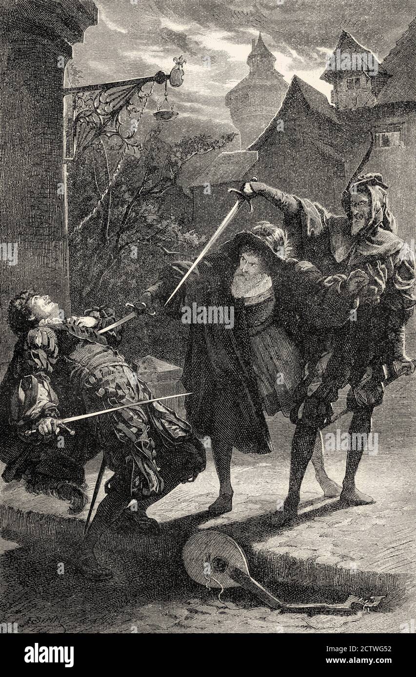 Faust  and Mephistopheles killing Valentine, first part of the tragic play Faust by Johann Wolfgang von Goethe Stock Photo