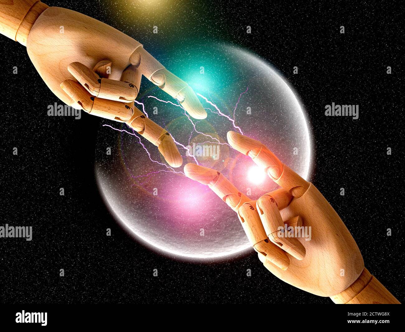 Two wooden hands battling in space Stock Photo