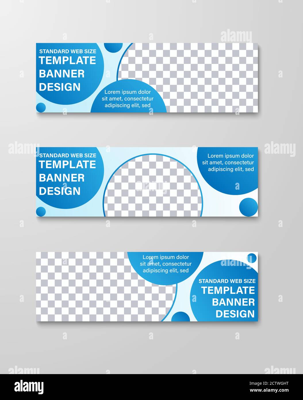 Templates of horizontal vector banners with round and semicircular design elements and space for photo. Design standard size. Set Stock Vector