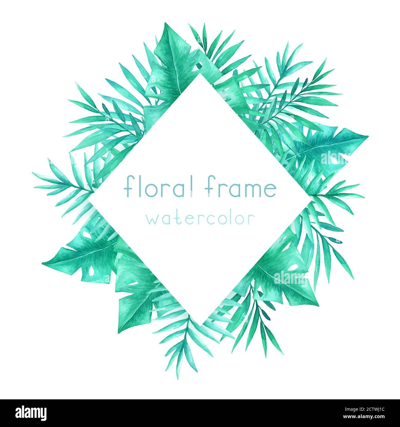 Frame with watercolor tropical leaves and branches on a white ...