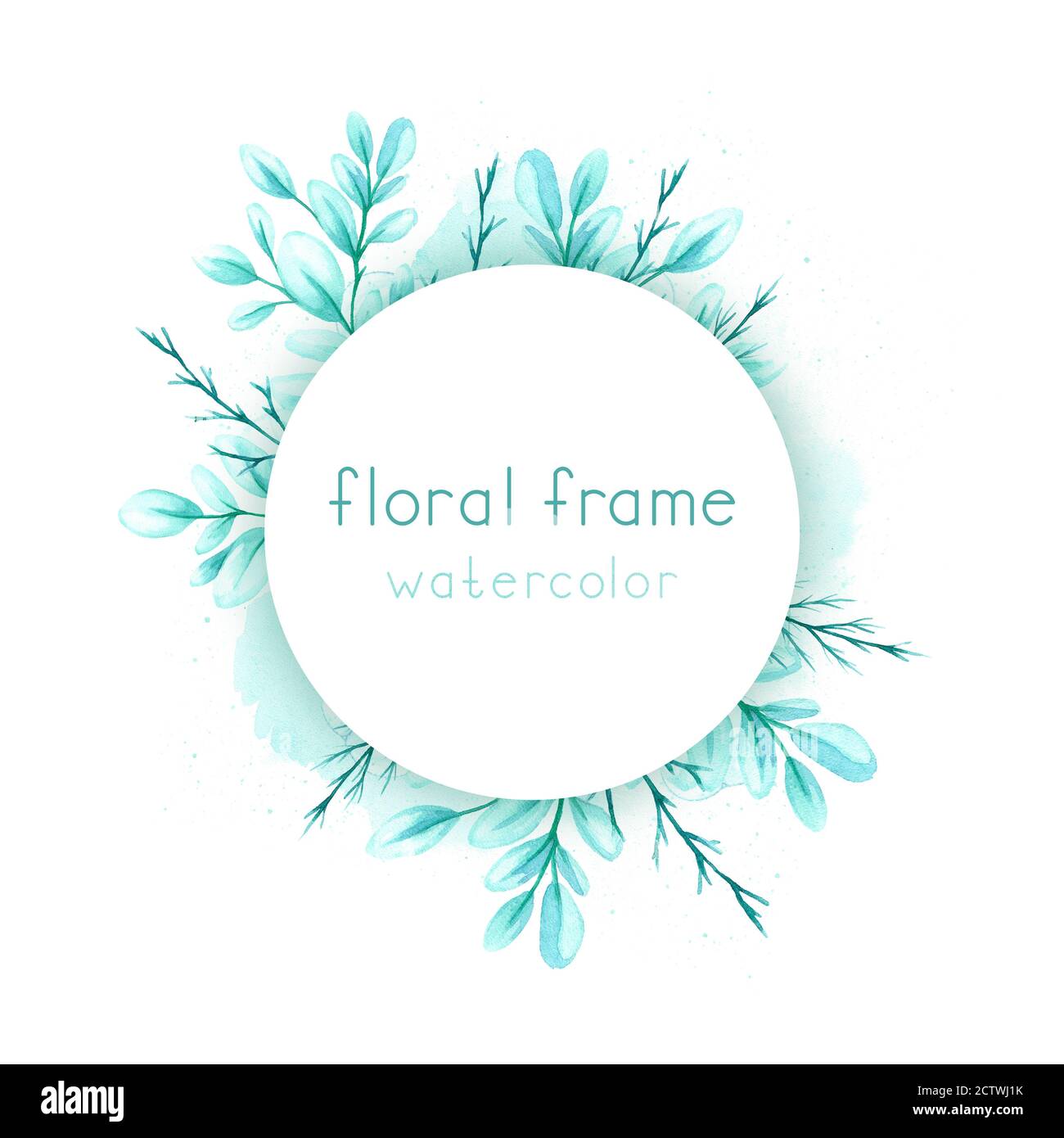 Round frame with watercolor green leaves and branches on a white ...