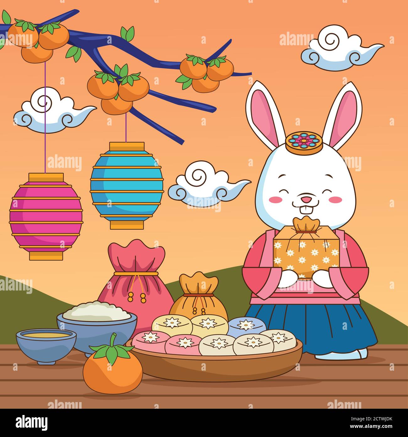 happy chuseok celebration with rabbit lifting gift and food vector illustration design Stock Vector