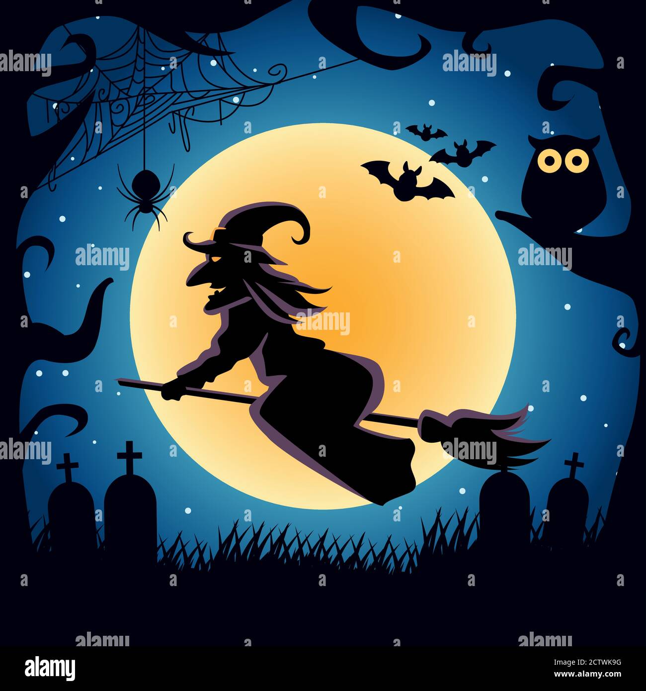 witch flying in broom with owl and bats night scene vector illustration ...