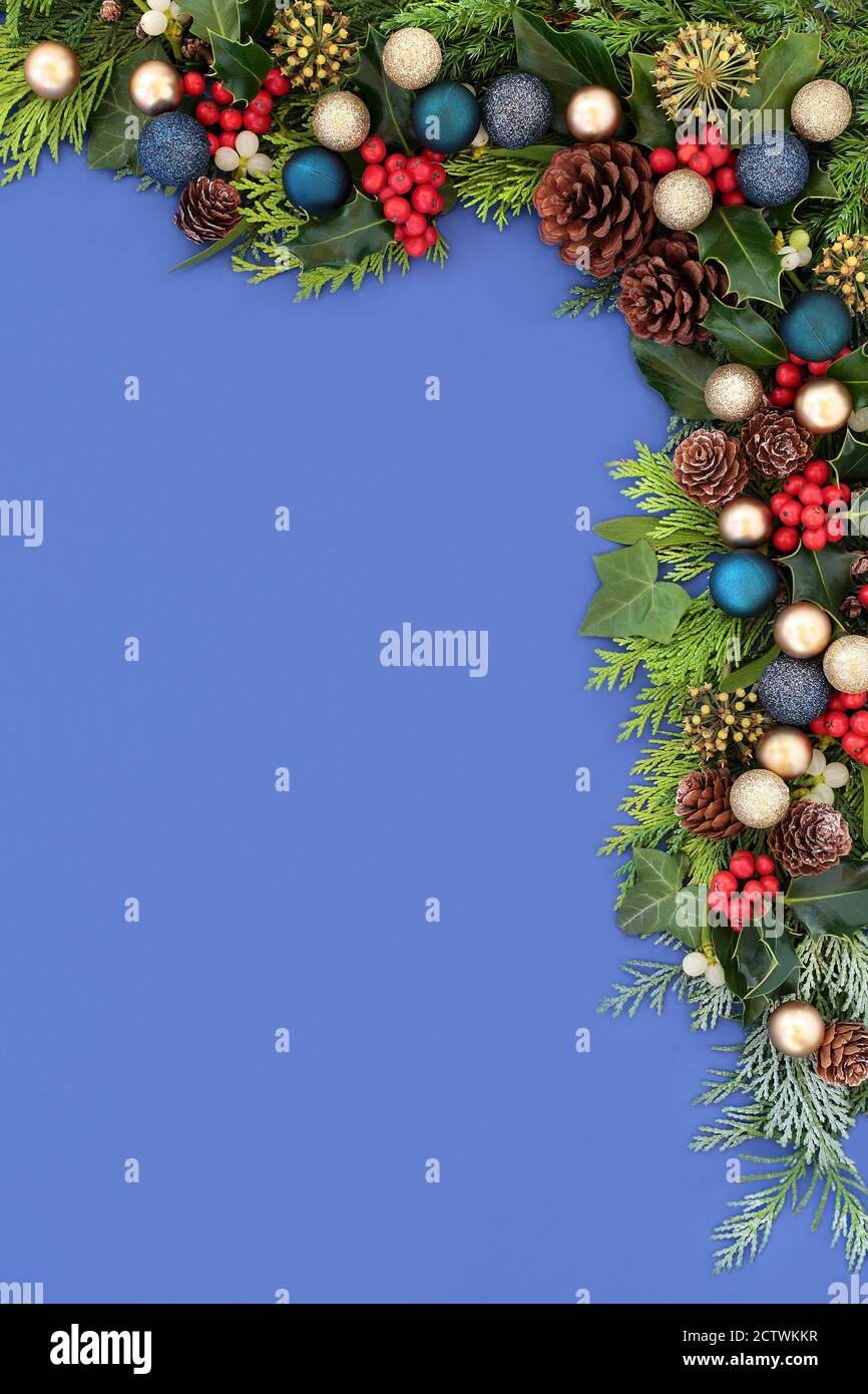 Christmas background border with gold & blue ball baubles, holly & winter greenery of mistletoe, ivy, juniper & cedar cypress fir. Xmas composition. Stock Photo