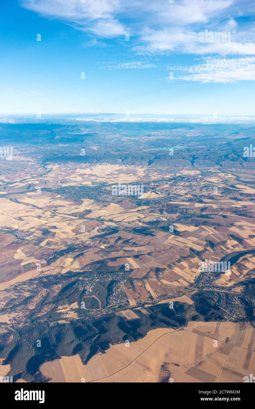 View over countryside of central Spain from aircraft window Stock Photo