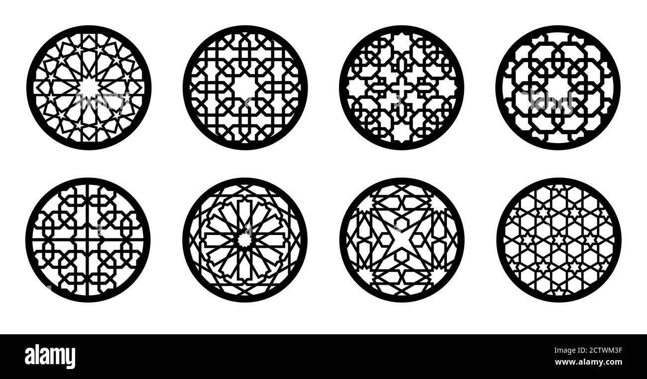 Cnc laser pattern. Arabesque circle, round element set for laser cutting ,stencil, engraving. Geometric arabic pattern for glass stand, cup stand Stock Vector