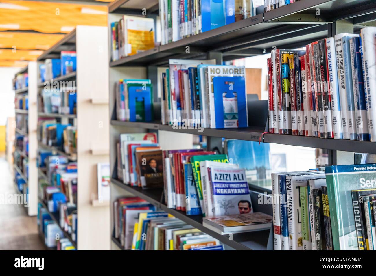 Kota Kinabalu, Sabah, Malaysia: Book shelves and books of the new Sabah Regional Library at Tanjung Aru Plaza, Kota Kinabalu, opened on April 1 2019. Stock Photo