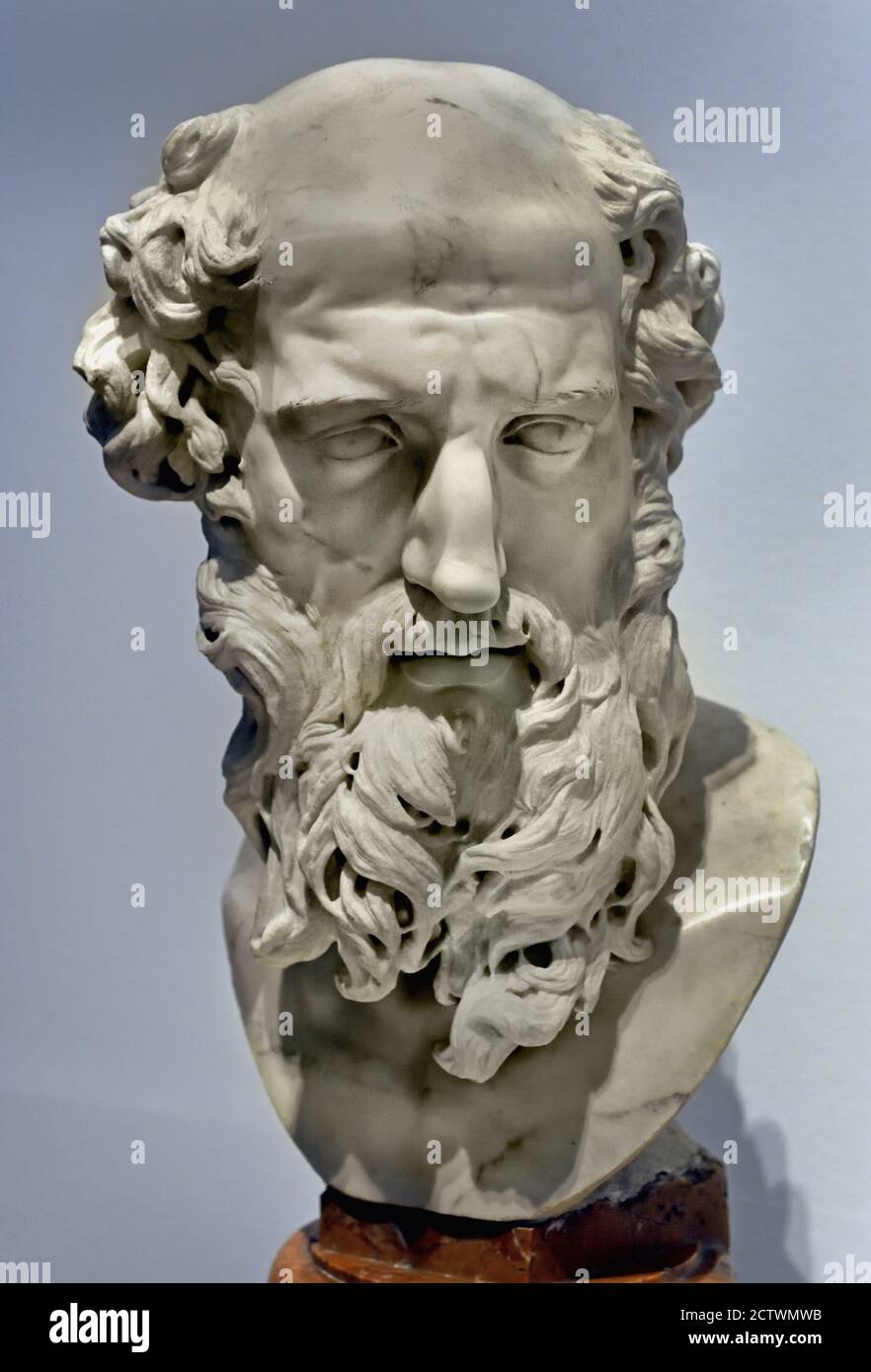 Plato 1635 by sculptor: Orfeo Boselli (attributed to) sculptor: François Du Quesnoy (rejected attribution) marble (rock)  Roman, Rome, Italy, Italian, ( Plato was an Athenian philosopher during the Classical period in Ancient Greece, founder of the Platonist school ) Stock Photo