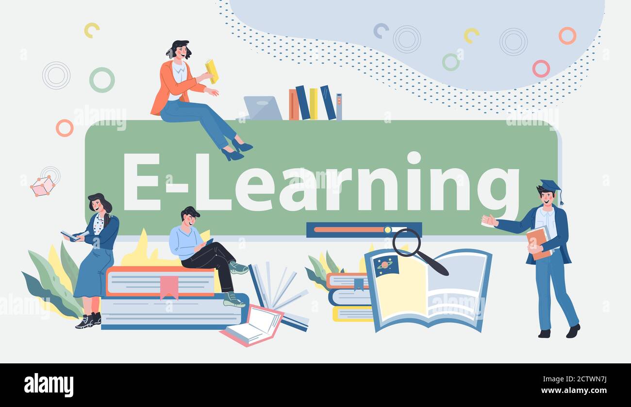 E-learning and distance education banner with tiny people vector ...