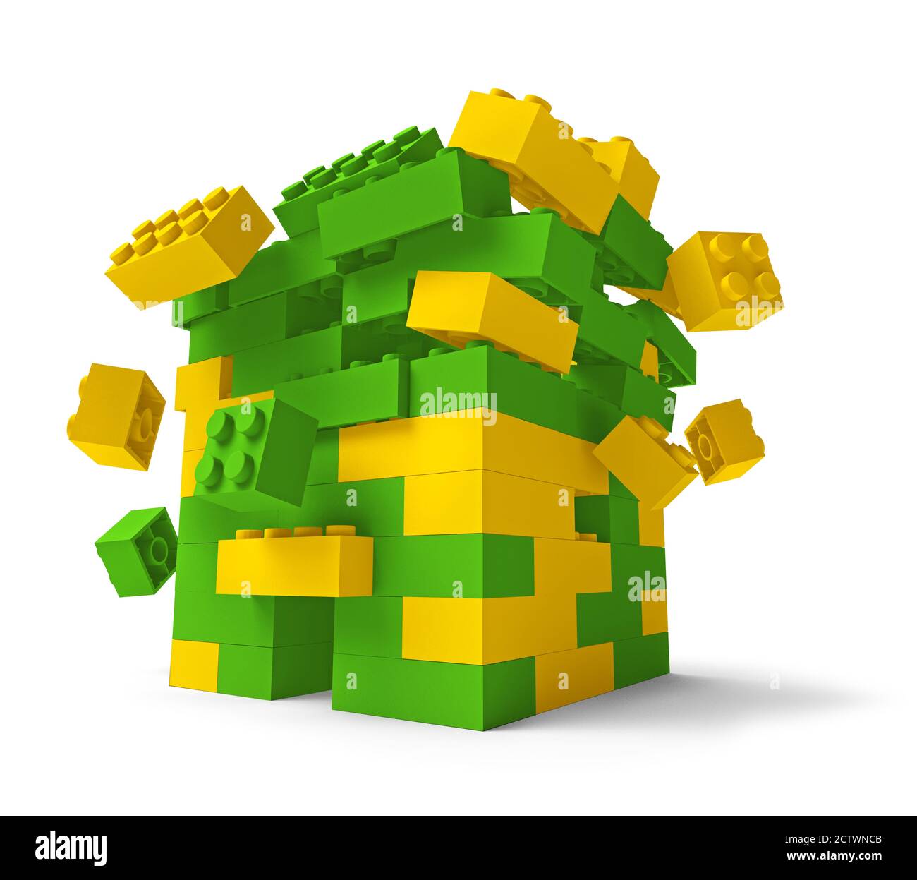 Toy building blocks fortress tower collapsing 3D isolated on white, low
