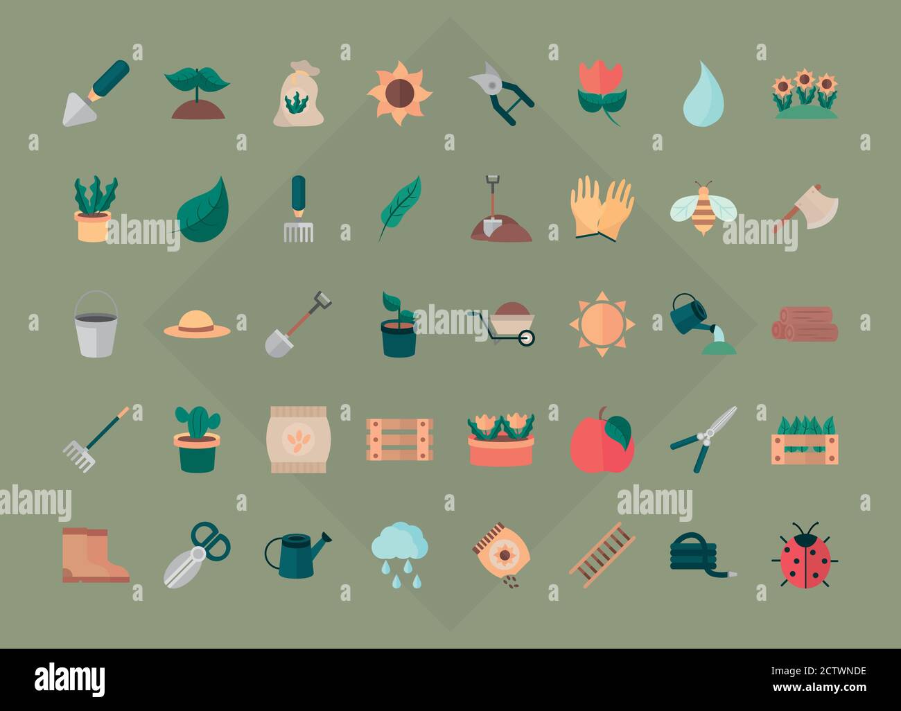 gardening tools, packages of soil, fertilizers, seeds, flowerpots ...