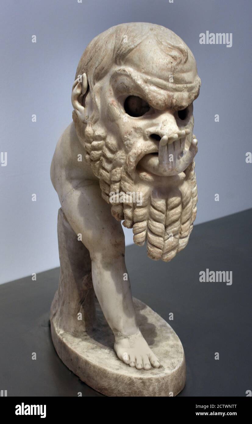 A Marble Figure of a Young Satyr wearing a Theater Mask of Silenus, Roman Imperial, circa 1st Century A.D., with Restorations by Alessandro Algardi, 1628 Roman Rome Italy Italian ( Cardinal Alessandro Ludovisi,  Pope Gregory XV from 1621 to 1623, Villa Ludovisi, Rome ) Stock Photo