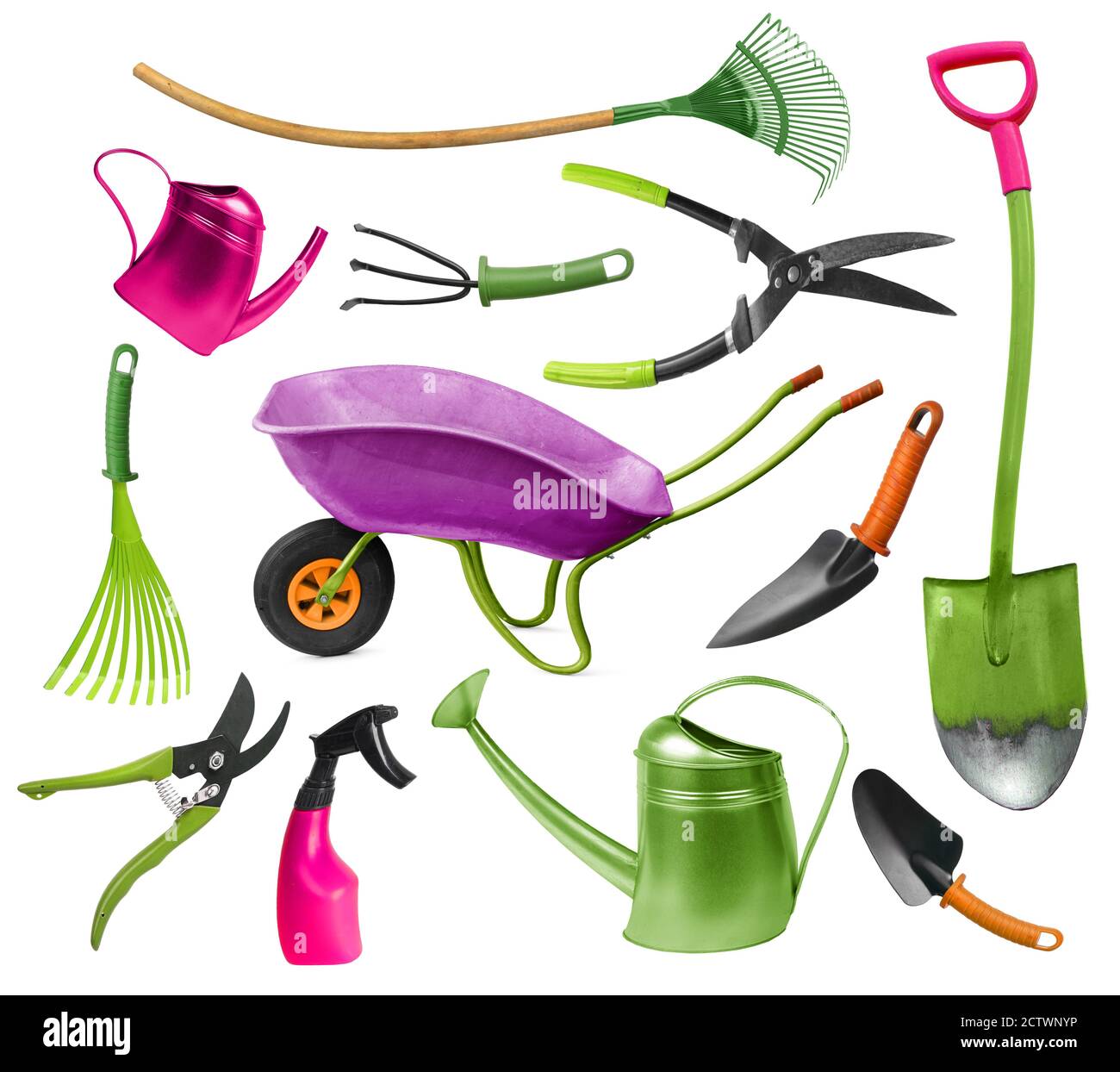 Funny and colorful set of twisted gardening hand tools isolated on