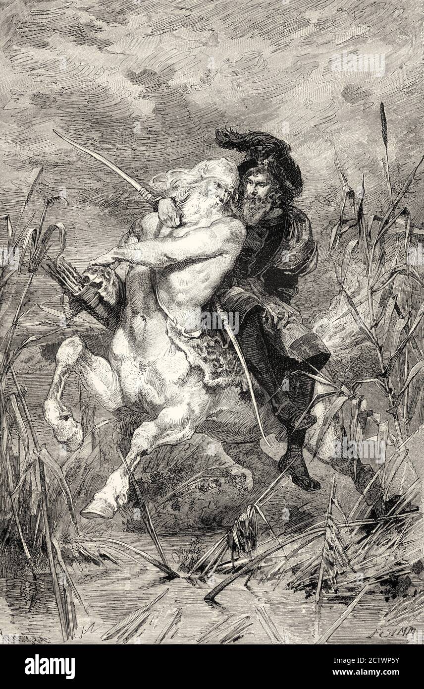 Faust mounted on centaur Chiron, second act, Faust II, by Johann Wolfgang von Goethe Stock Photo
