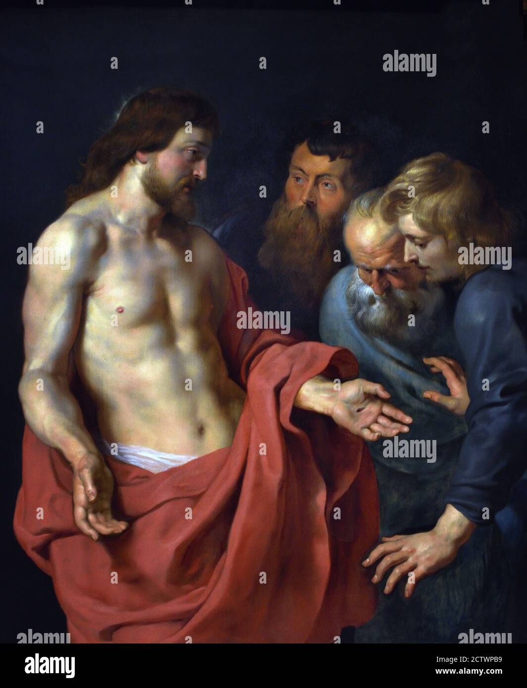 The Incredulity of St Thomas, or The Rockox Triptych,  after the name of the donors (  Nicolaas II Rockox and Adriana Perez, for the church in Antwerp . He and his wife are shown on its outer panels. Its central panel shows the disbelief of Thomas. ) by  Peter Paul Rubens  (1577–1640) Belgian, Belgium, Flemish. Stock Photo