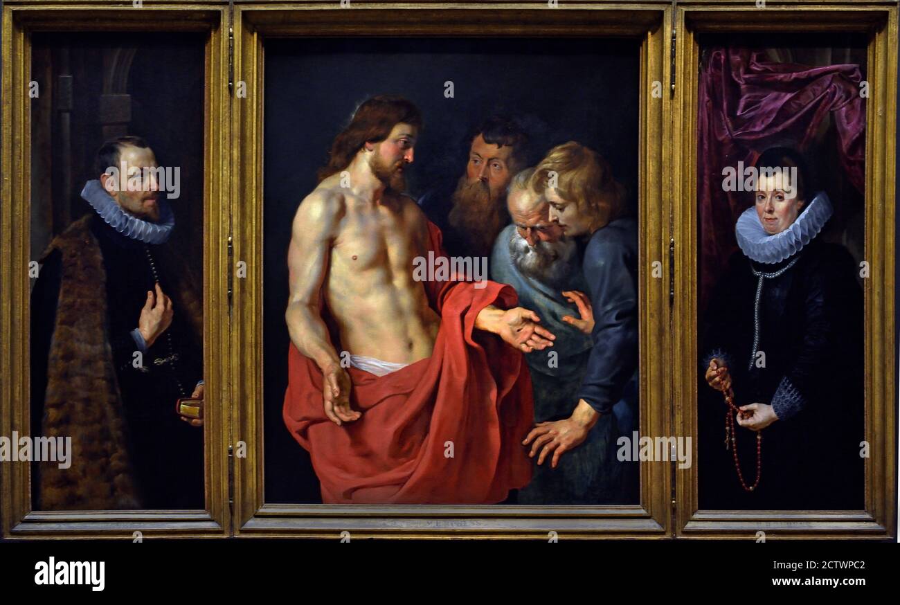 The Incredulity of St Thomas, or The Rockox Triptych,  after the name of the donors (  Nicolaas II Rockox and Adriana Perez, for the church in Antwerp . He and his wife are shown on its outer panels. Its central panel shows the disbelief of Thomas. ) by  Peter Paul Rubens  (1577–1640) Belgian, Belgium, Flemish. Stock Photo