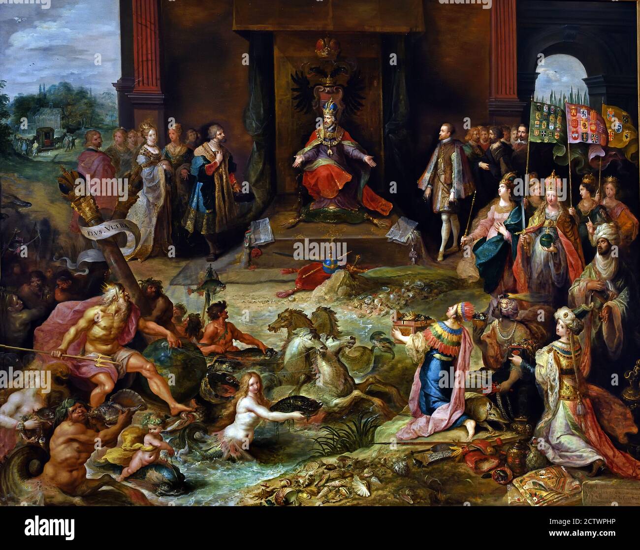 Allegory of the Abdication of Emperor Charles V  Holy Roman Empire 1630 Frans Francken II 1581-1642  Belgian, Belgium, Flemish, ( Charles V is enthroned at centre. Battle weary and wracked by illness, in 1555 he divided up his empire.  ) Stock Photo