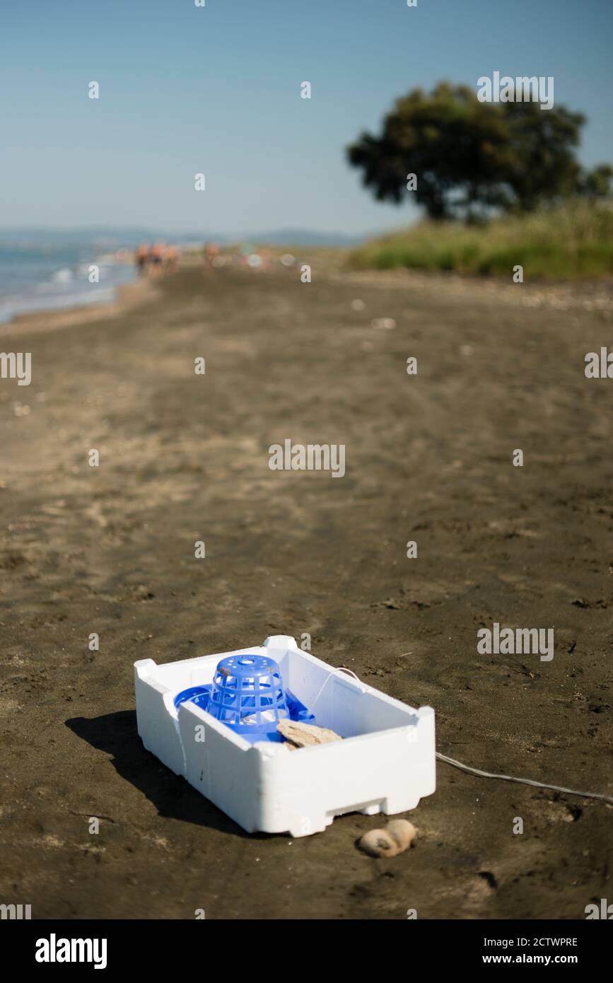 Plastic, white, styrofoam container left on sandy beach. Stock Photo
