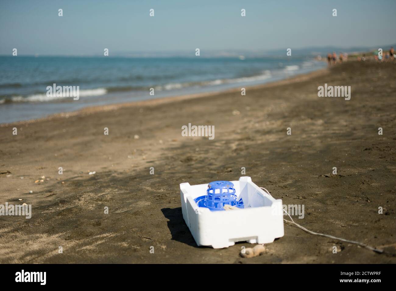 Plastic, white, styrofoam container left on sandy beach. Stock Photo
