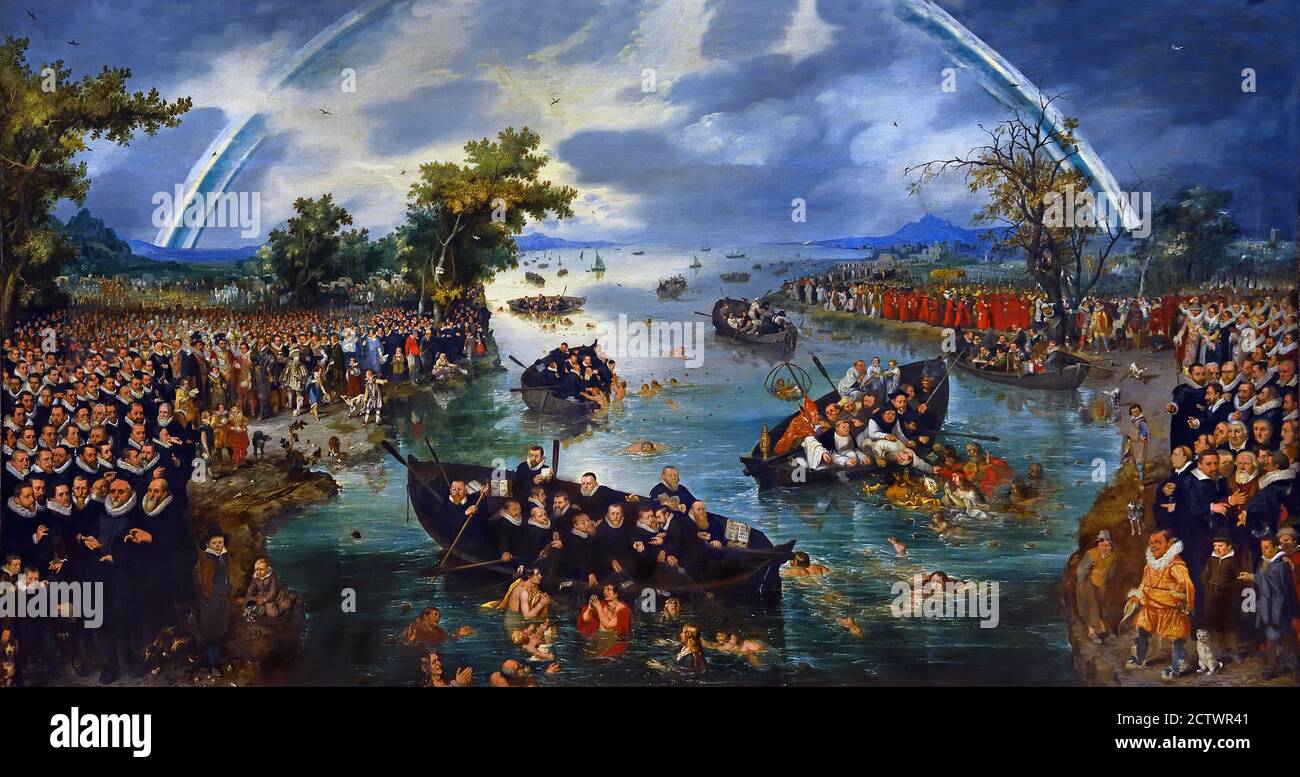 The soul fishing 1614 Adriaen Pietersz. van de Venne (1589-1662) Dutch Netherlands ( In 1614 politics and religion are inextricably bound up with one another, as is very clear to see in this painting. At the left are Protestant ministers and leaders of the Republic (including Maurice), and at the right the archdukes who govern the South, with countless Catholic clergymen. The North, according to the painter, has a promising future: the sun shines there, the trees are full of leaves. Whosoever wants to be saved is better off swimming to a Protestant boat. ) Stock Photo