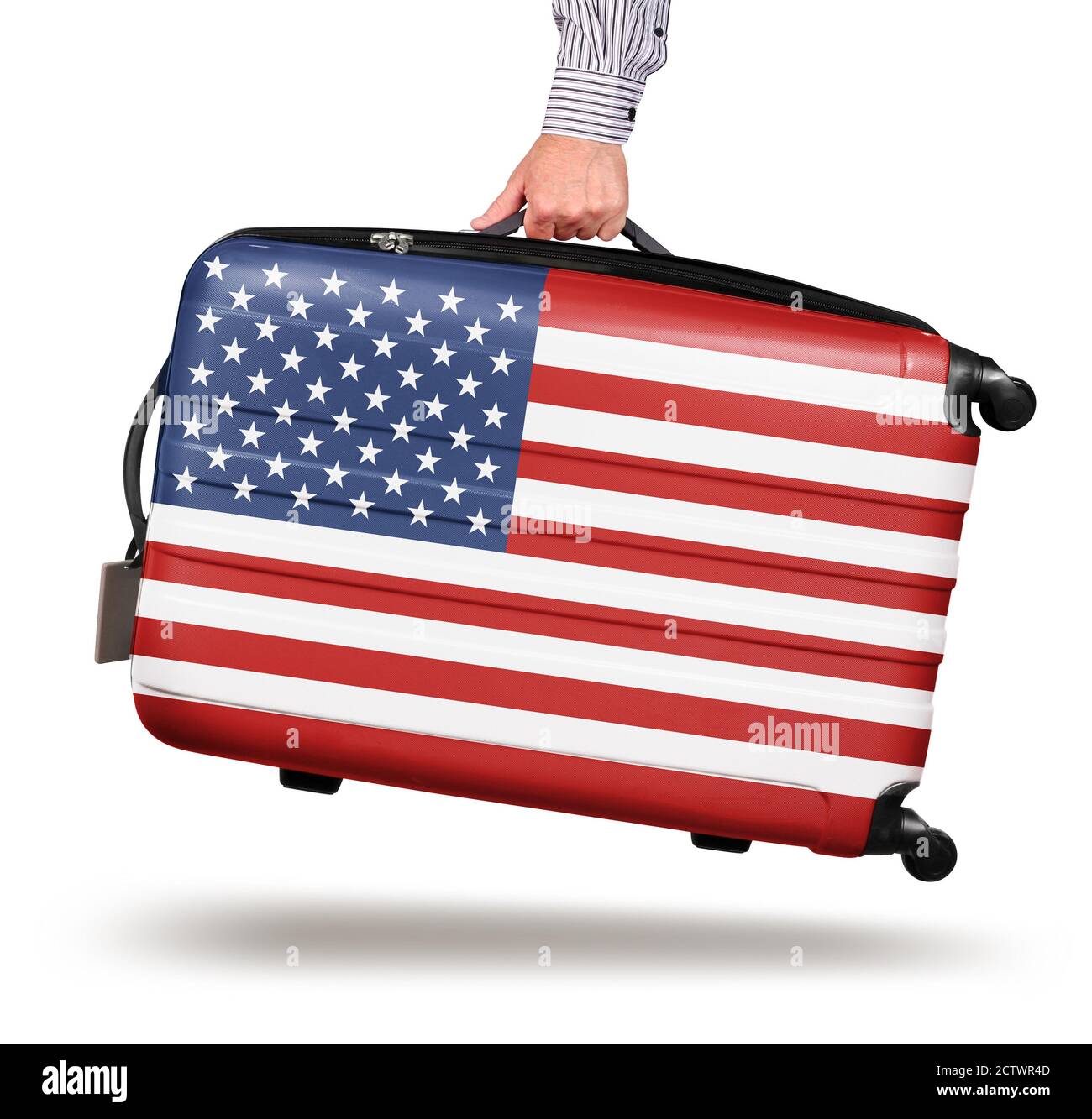 Hand holding modern suitcase United States flag design isolated on white travel concept Stock Photo