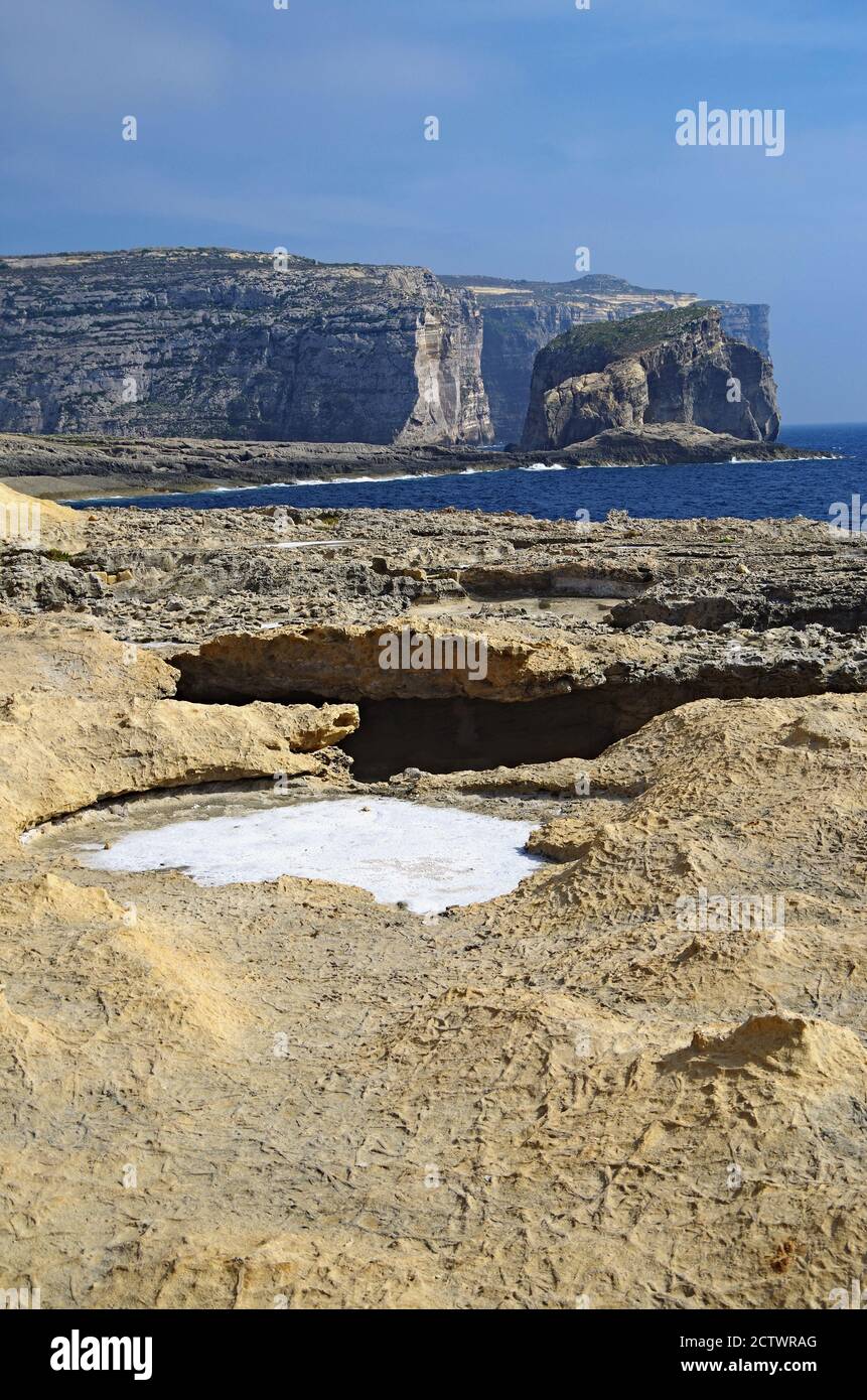 View on cliffs at Azure window, Gozo, Malta Stock Photo