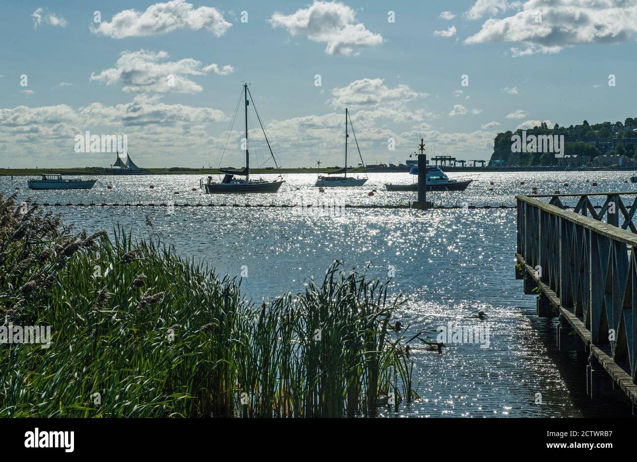 Cardiff Bay, looking out towards the Bristol Channel with moored boats as silhouettes against the sun. Stock Photo